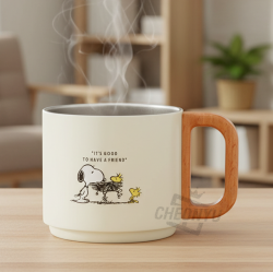 스누피 배지 나무 손잡이 스테인리스 머그 350ml