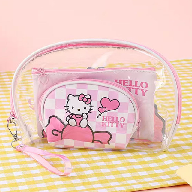 보우 헬로키티 투명 3피스 파우치